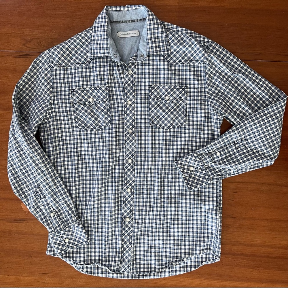 James Campbell Pearl Snap Navy Plaid Flannel Shirt - Medium- Western Outdoor - Picture 2 of 10